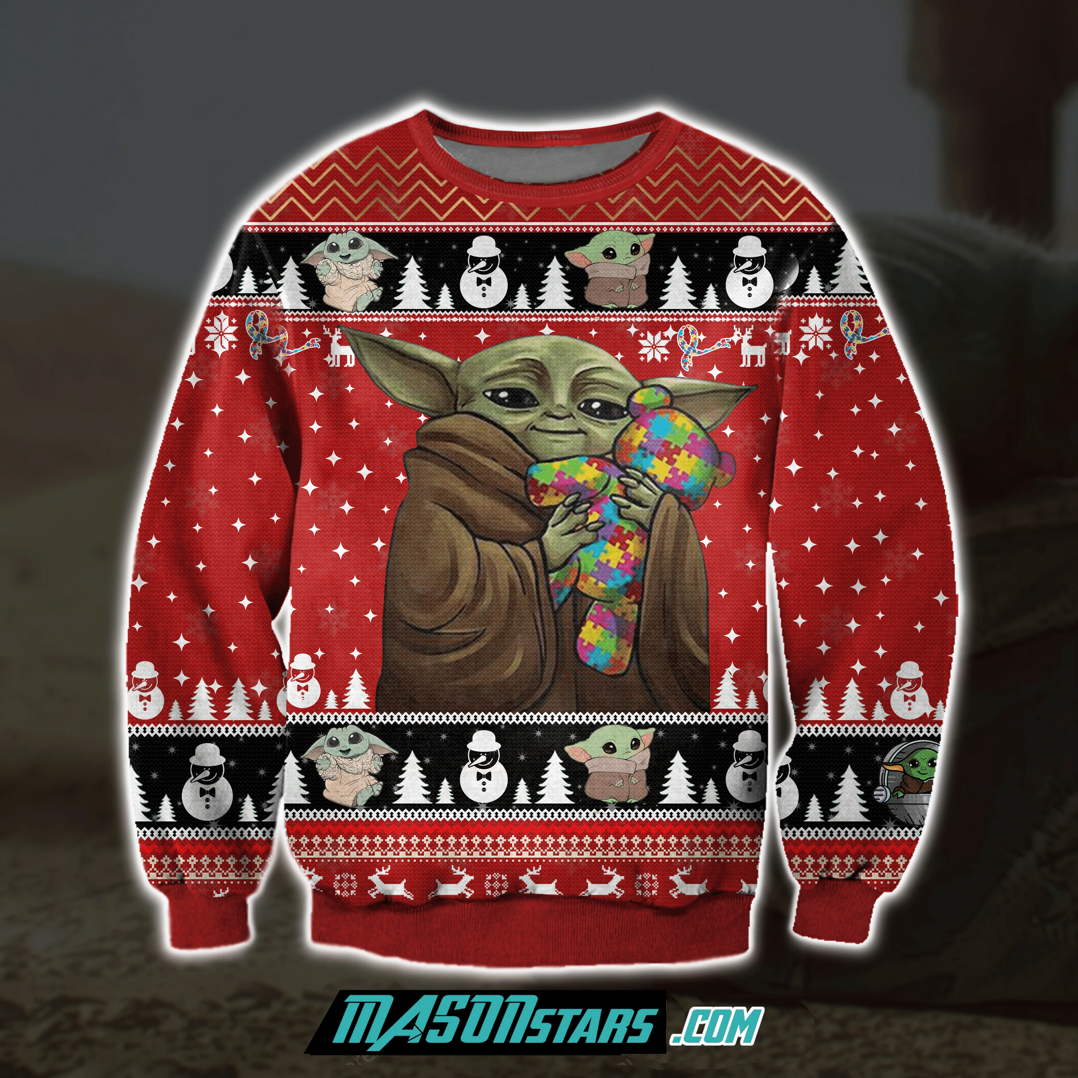 Baby Yoda With Puzzles Autism 3D Print Ugly Christmas Sweater Adult 3D Funny Matching for family