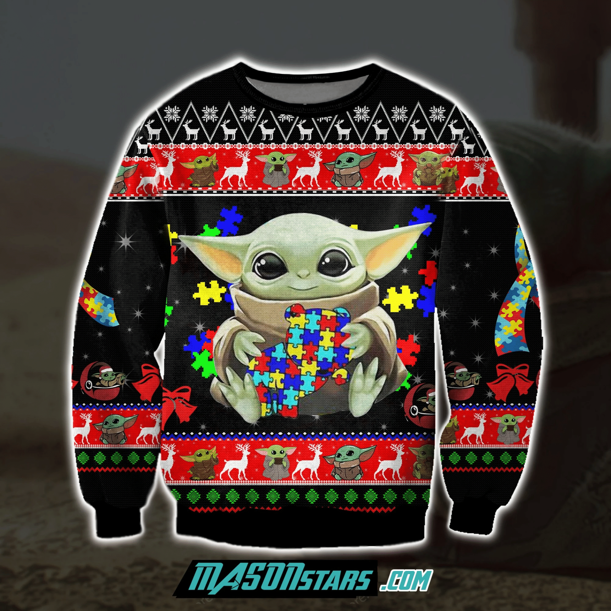 Baby Yoda With Puzzles Autism 3D Print Ugly Christmas Sweater Adult 3D Funny Matching for family