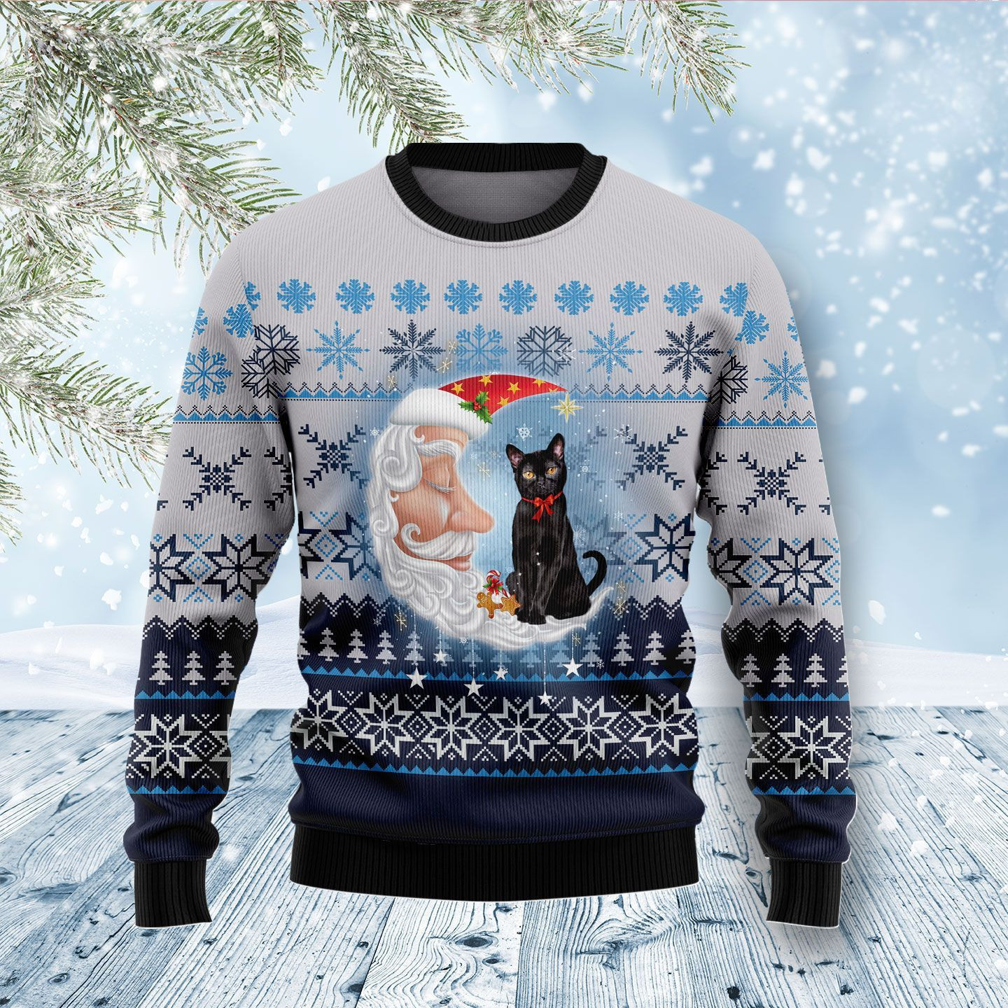 Back Cat Love Santa Moon Ugly Christmas Sweater Adult 3D Funny Matching for family