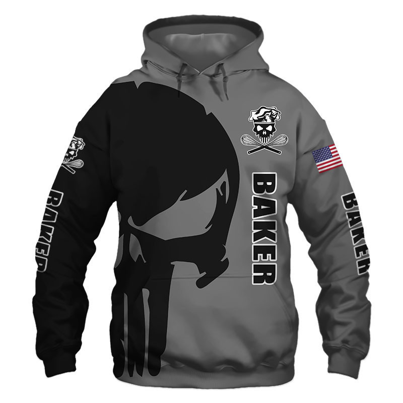 Baker Punisher Skull US Flag Black Grey 3D All Over Print Hoodie, Zip Hoodie