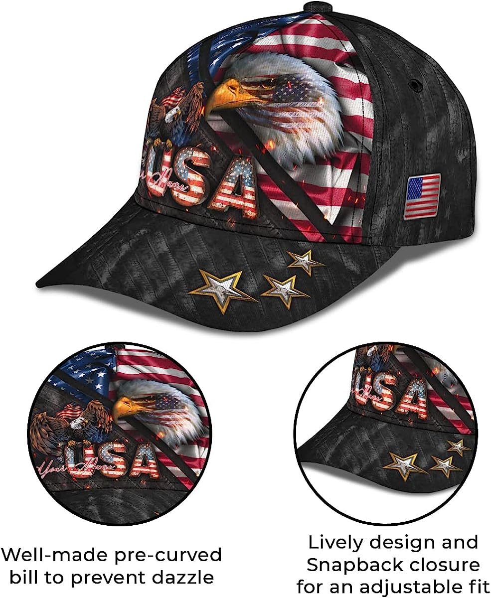 Bald Eagle And Us Flag For Veteran Military Custom Name All Over Print Baseball Cap - Christian Hats For Men Women Trucker Hats Custom Hats Gifts For Men & Women