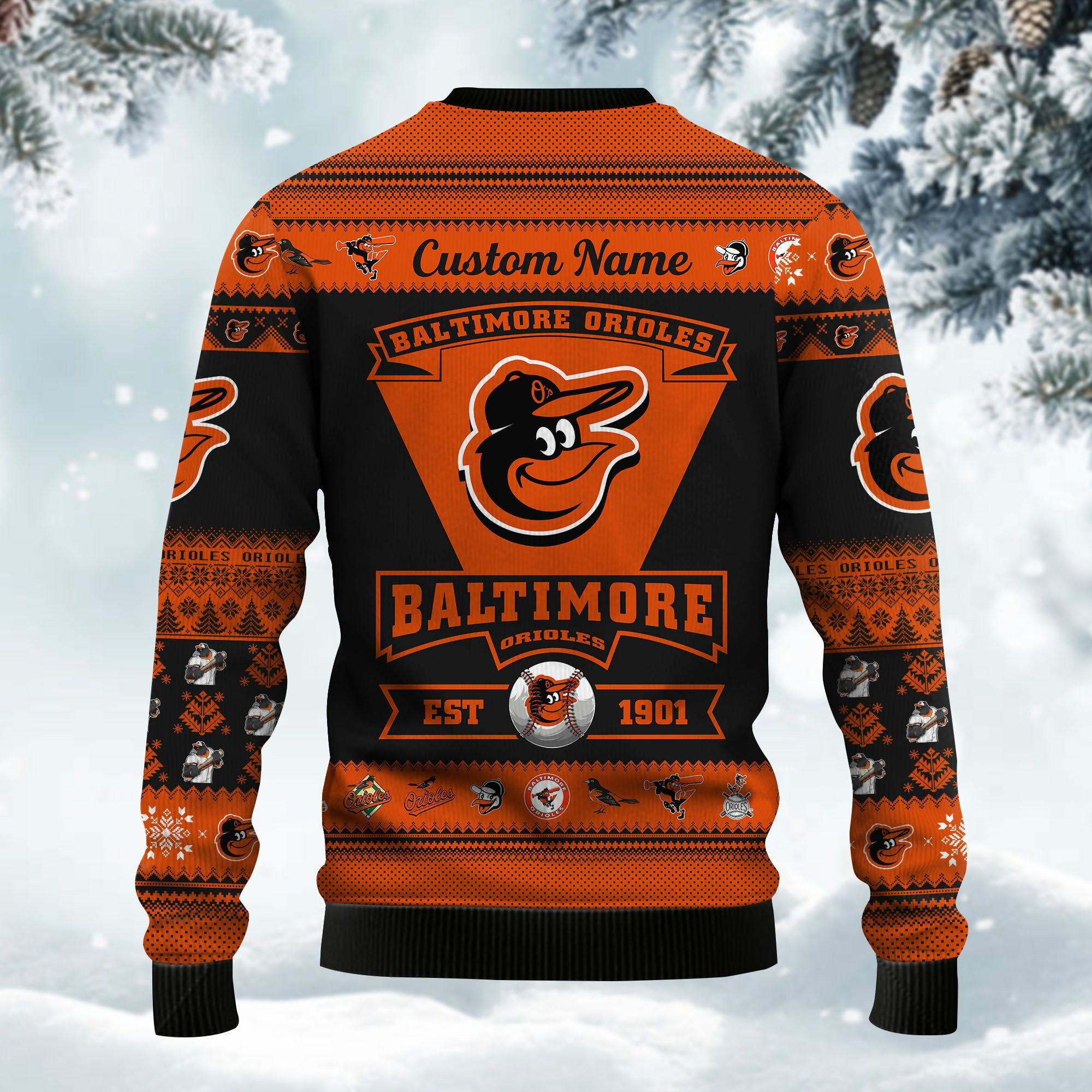 Baltimore Orioles Football Team Logo Custom Name Personalized Ugly Christmas Sweater Adult 3D Funny Matching for family - Image 3