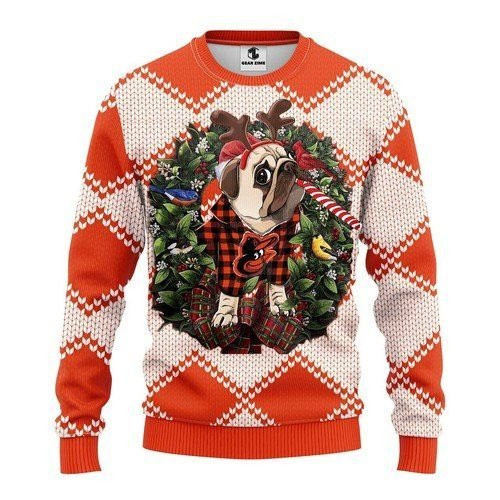 Baltimore Orioles Pug Dog For Unisex Ugly Christmas Sweater Adult 3D Funny Matching for family