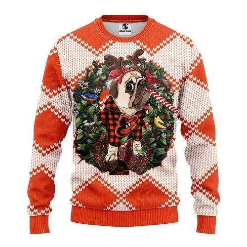 Baltimore Orioles Pug Dog Ugly Christmas Sweater Adult 3D Funny Matching for family