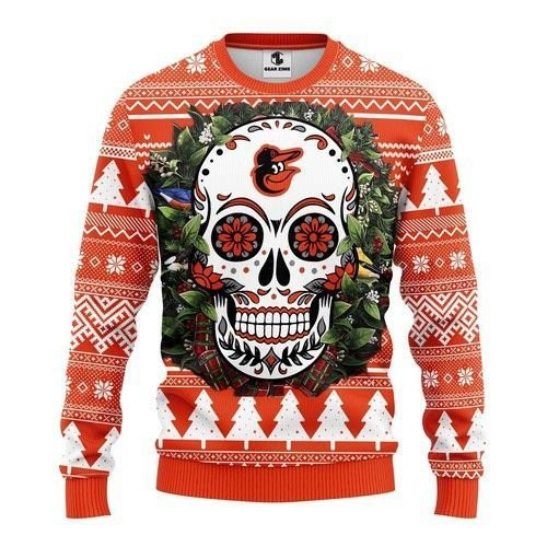 Baltimore Orioles Skull Flower Ugly Christmas Sweater Adult 3D Funny Matching for family