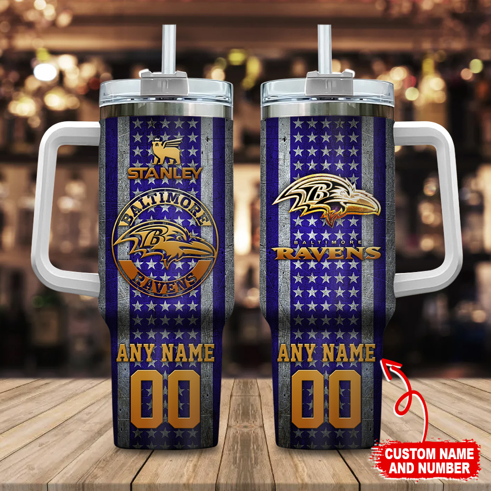 Baltimore Ravens NFL Golden Logos US Flag Custom Stanley Cup 40 oz 30 oz Tumbler With HandleTVC230180
