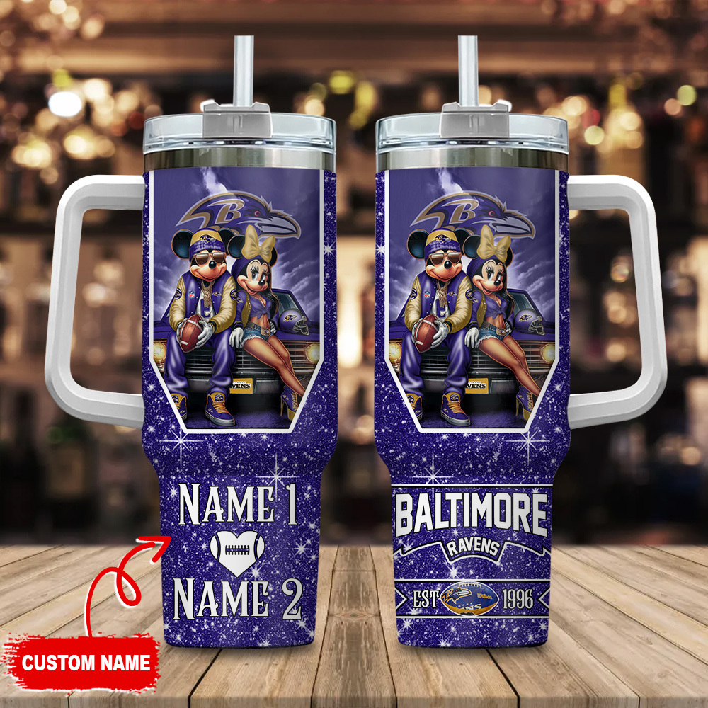 Baltimore Ravens NFL Mickey And Minnie Couple Custom Stanley Cup 40 oz 30 oz Tumbler With HandleTVC230186