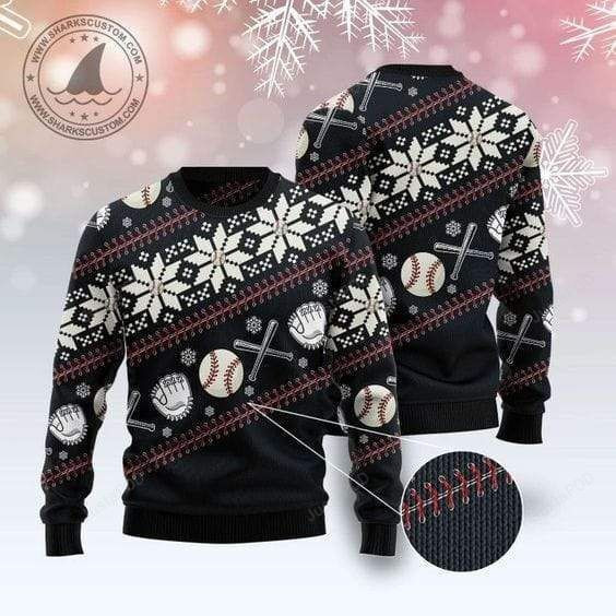 Baseball Ball And Bat Ugly Christmas Sweater Adult 3D Funny Matching for family