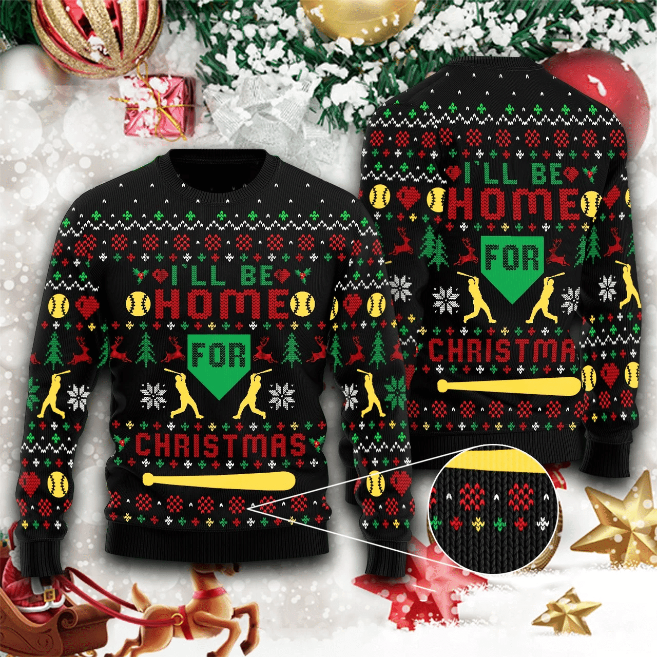 Baseball Ill Be Home For Christmas Ugly Christmas Sweater Adult 3D Funny Matching for family