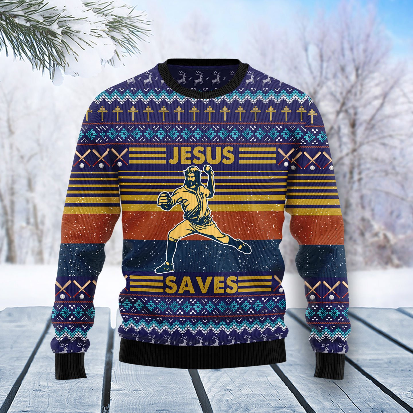 Baseball Jesus Save Ugly Christmas Sweater Adult 3D Funny Matching for family