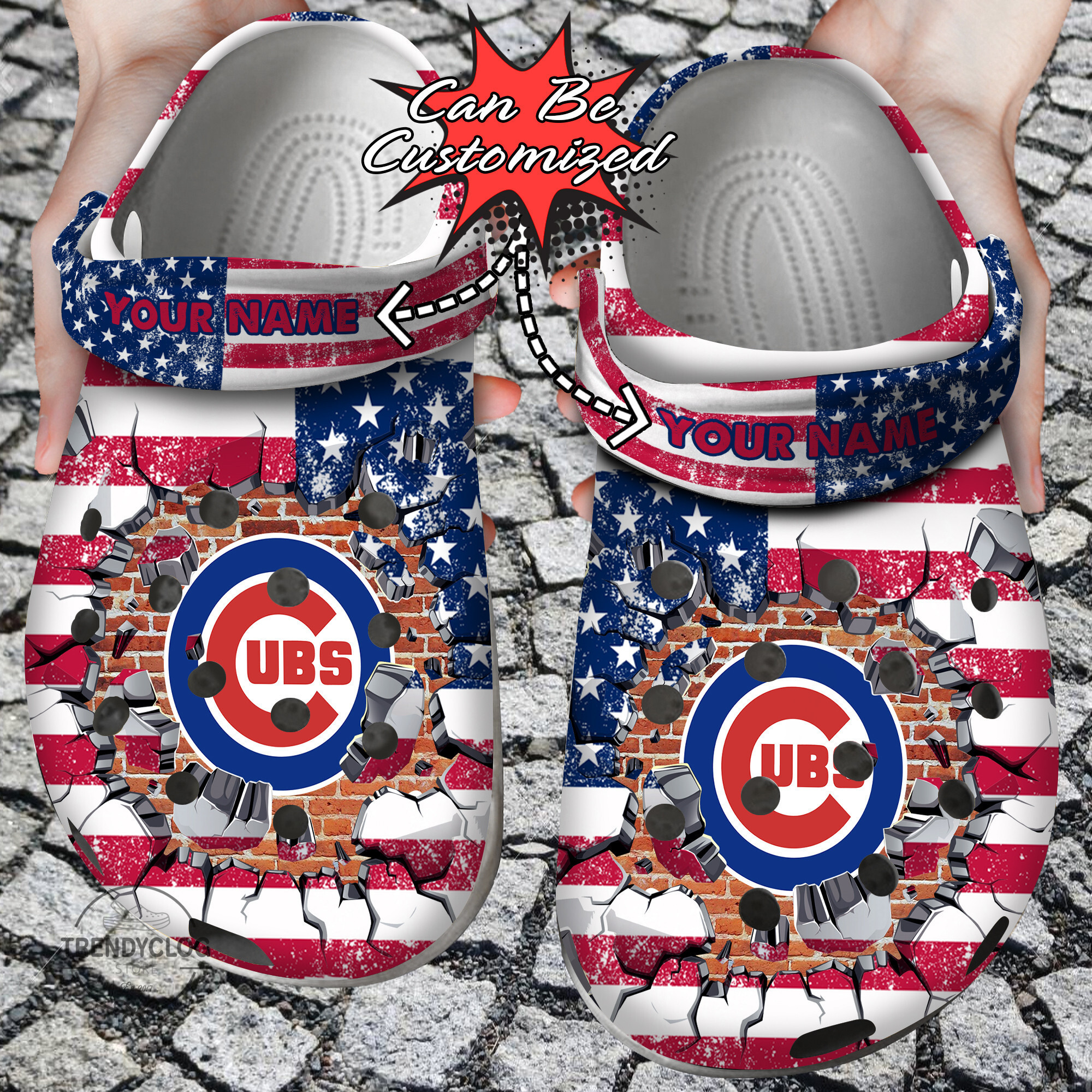 Baseball Personalized CCubs American Flag Breaking Wall Clog Shoes