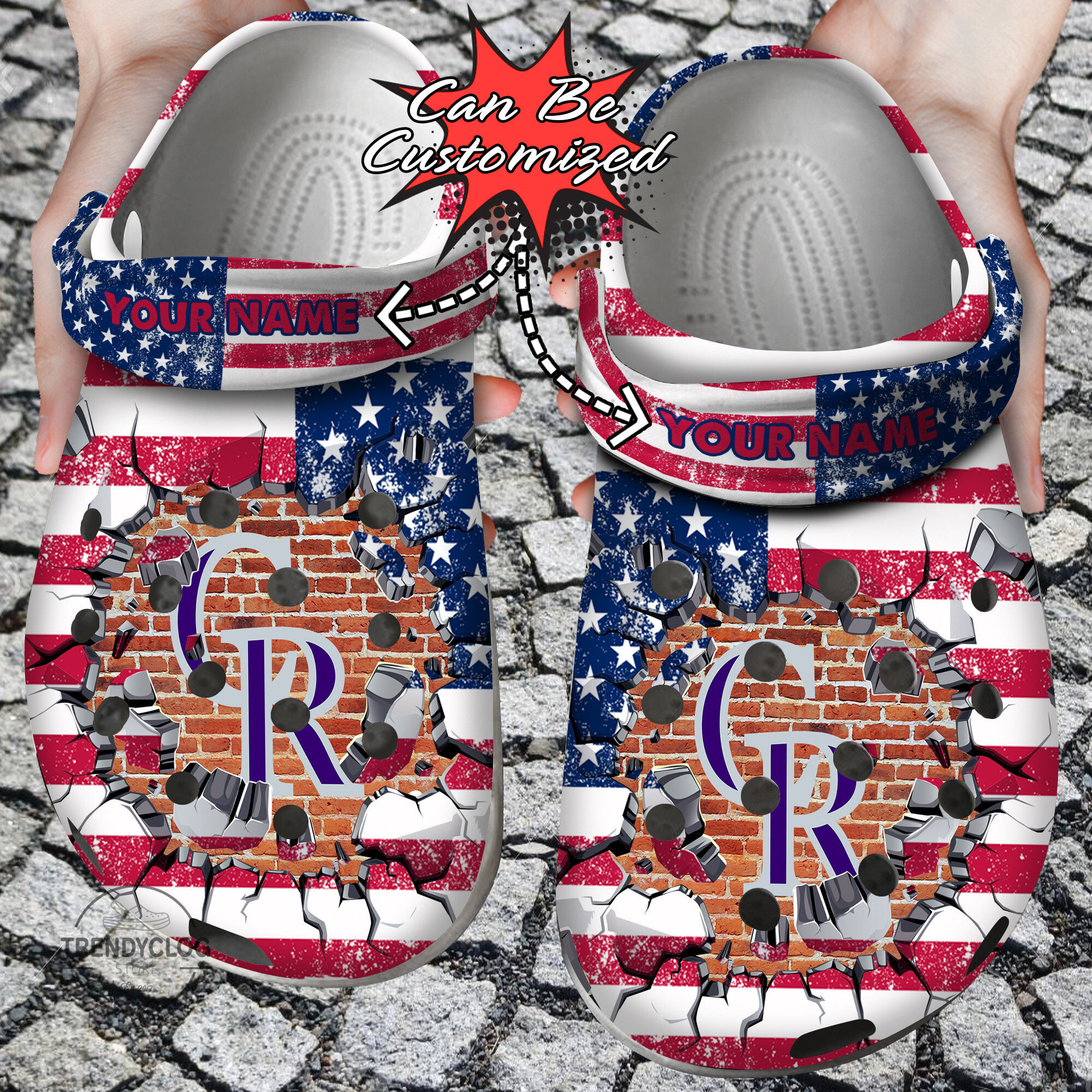 Baseball Personalized CRockies American Flag Breaking Wall Clog Shoes