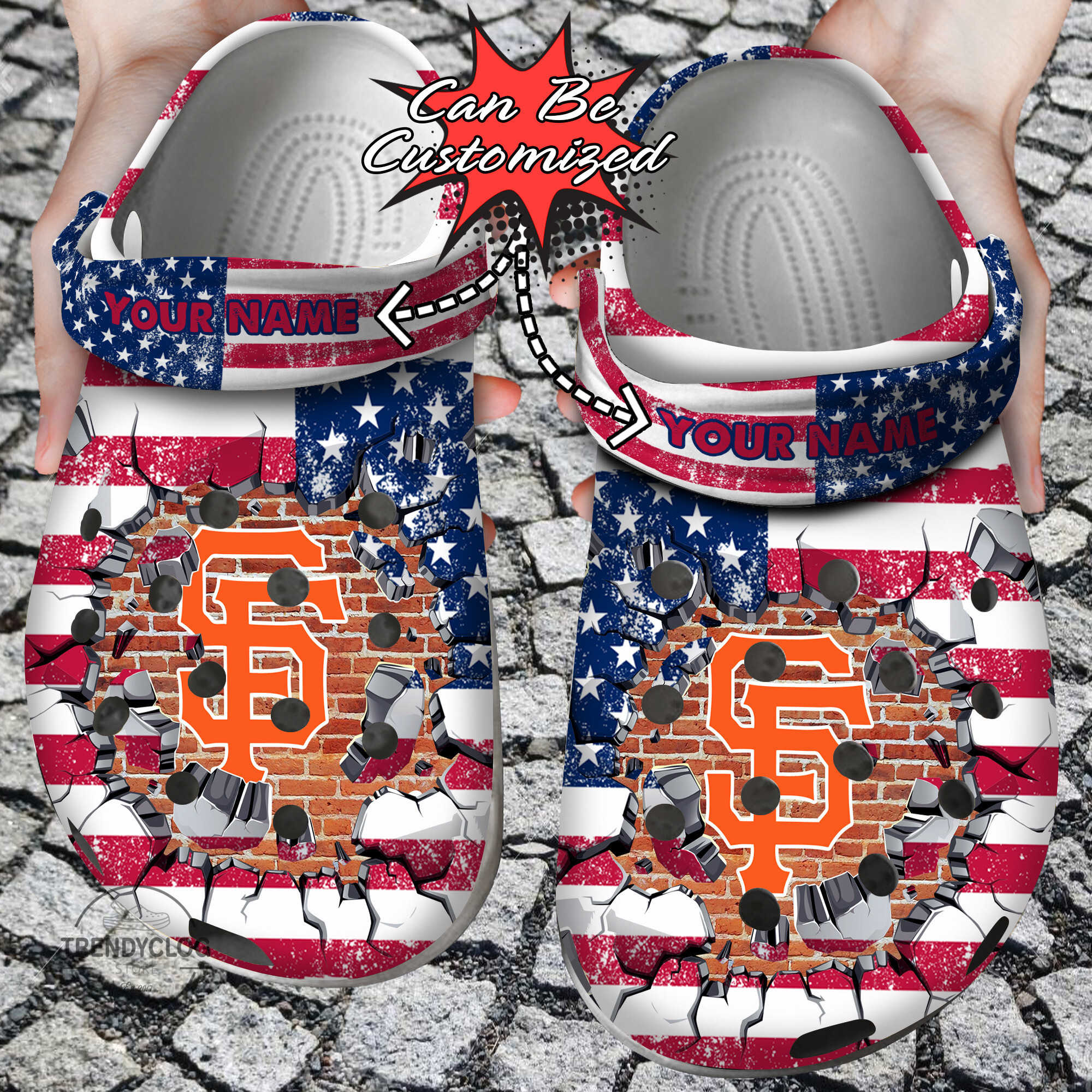 Baseball Personalized SF Giants American Flag Breaking Wall Clog Shoes