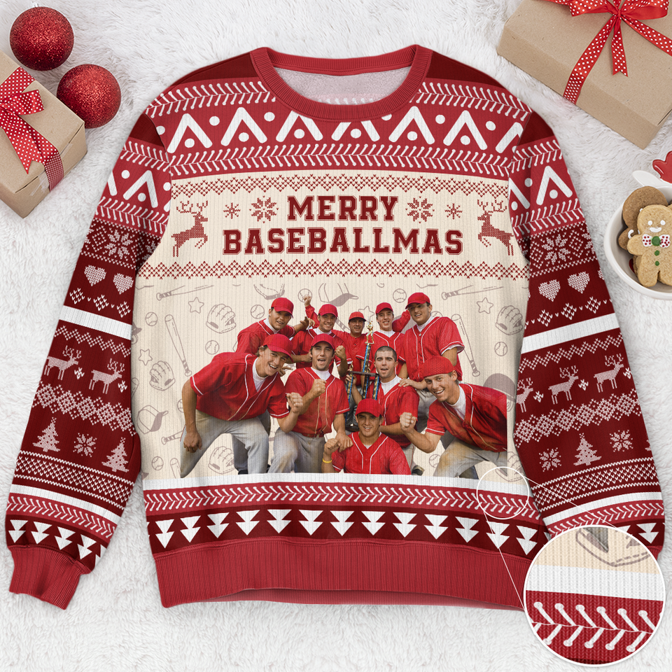 Baseball Team Merry Baseballmas - Personalized Photo Ugly Sweater