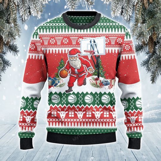 Basketball Lovers Gift Santa Dribble All Over Print Ugly Sweater - Image 3