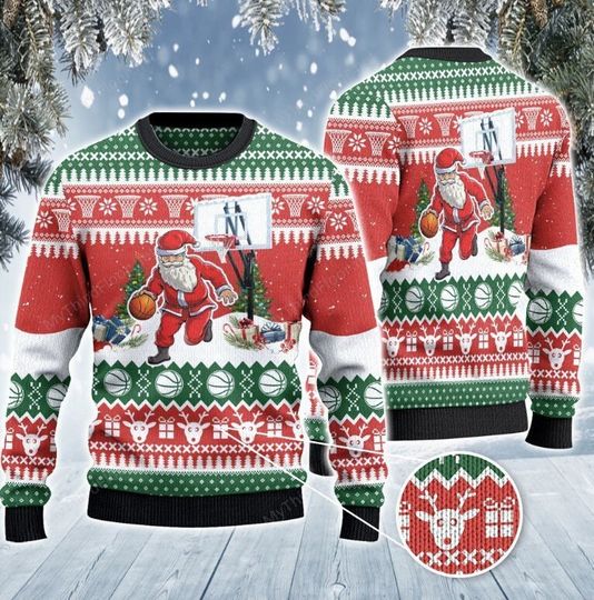 Basketball Lovers Gift Santa Dribble All Over Print Ugly Sweater - Image 4