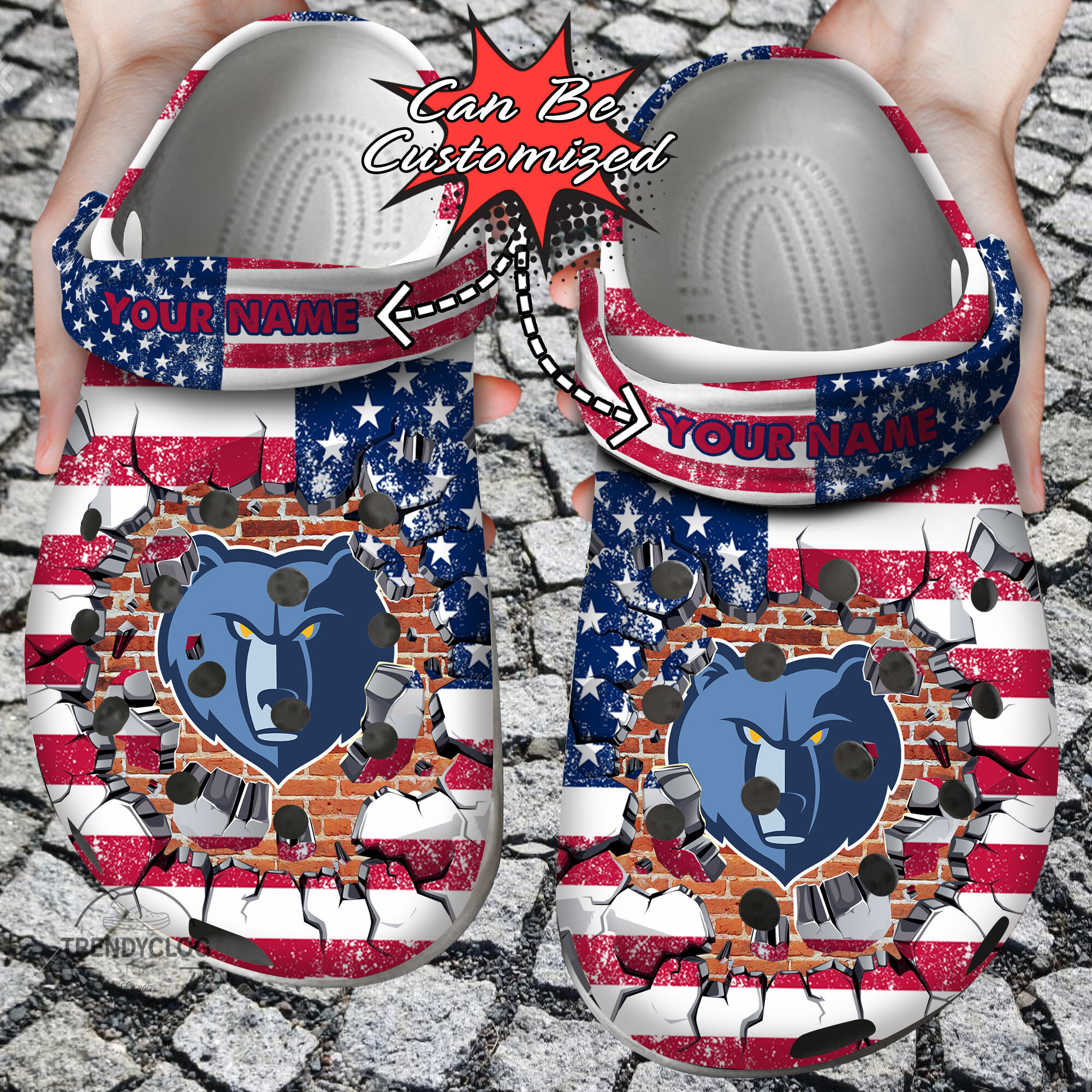 Basketball Personalized MGrizzlies American Flag Breaking Wall Clog Shoes