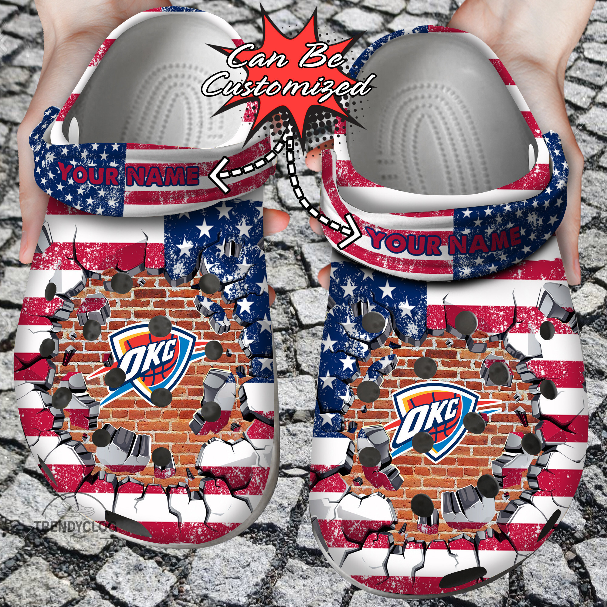 Basketball Personalized OThunder American Flag Breaking Wall Clog Shoes