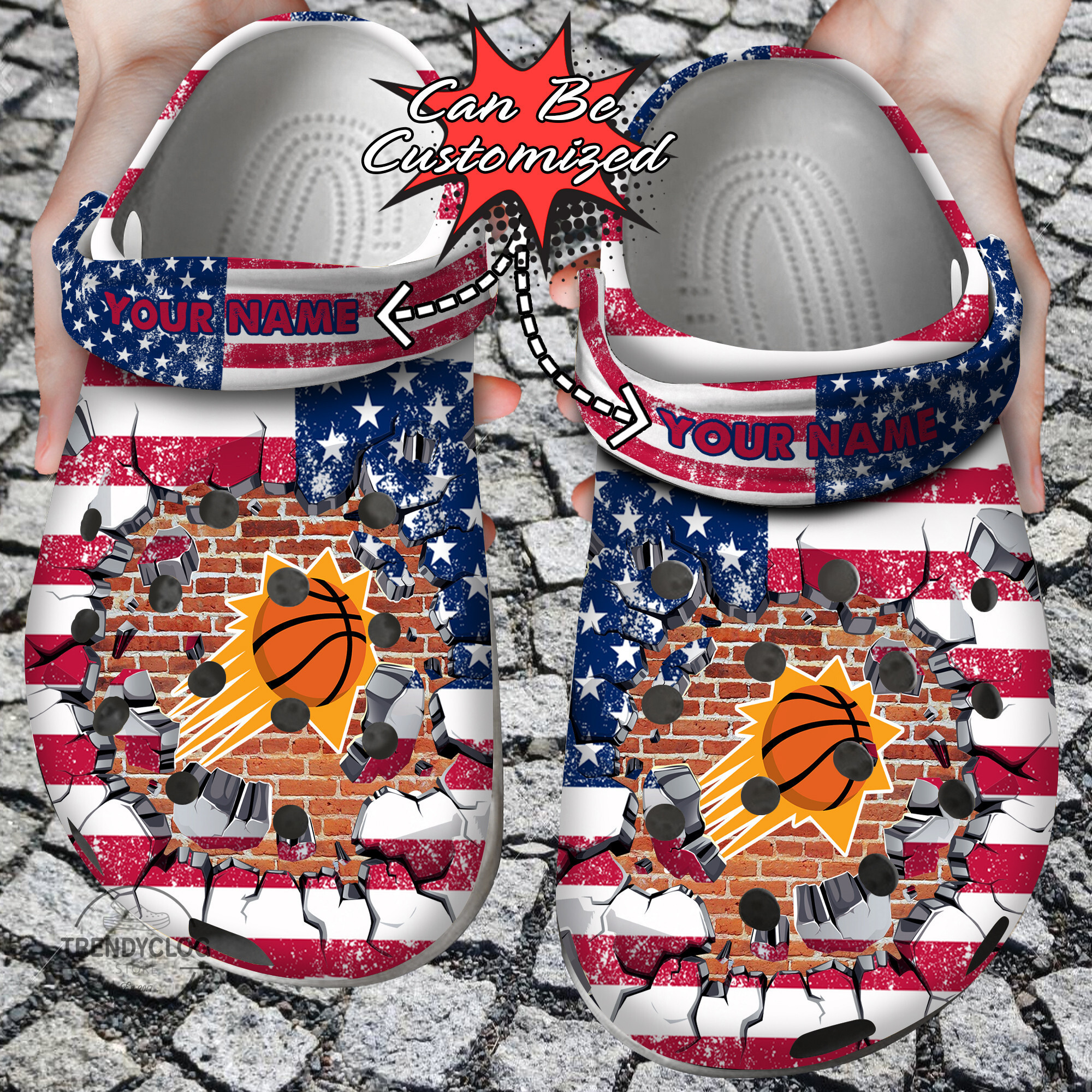 Basketball Personalized PSuns American Flag Breaking Wall Clog Shoes