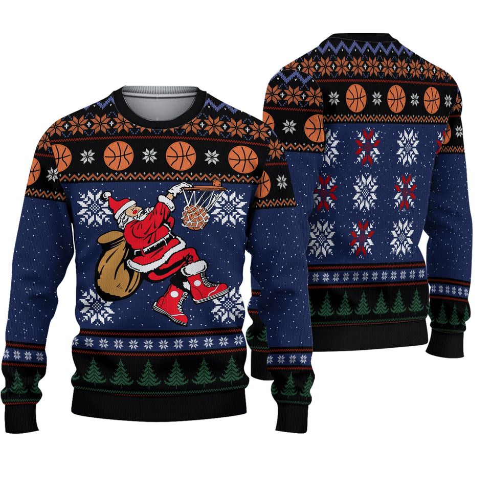 Basketball Santa Christmas Pattern On Blue 3D Sweater