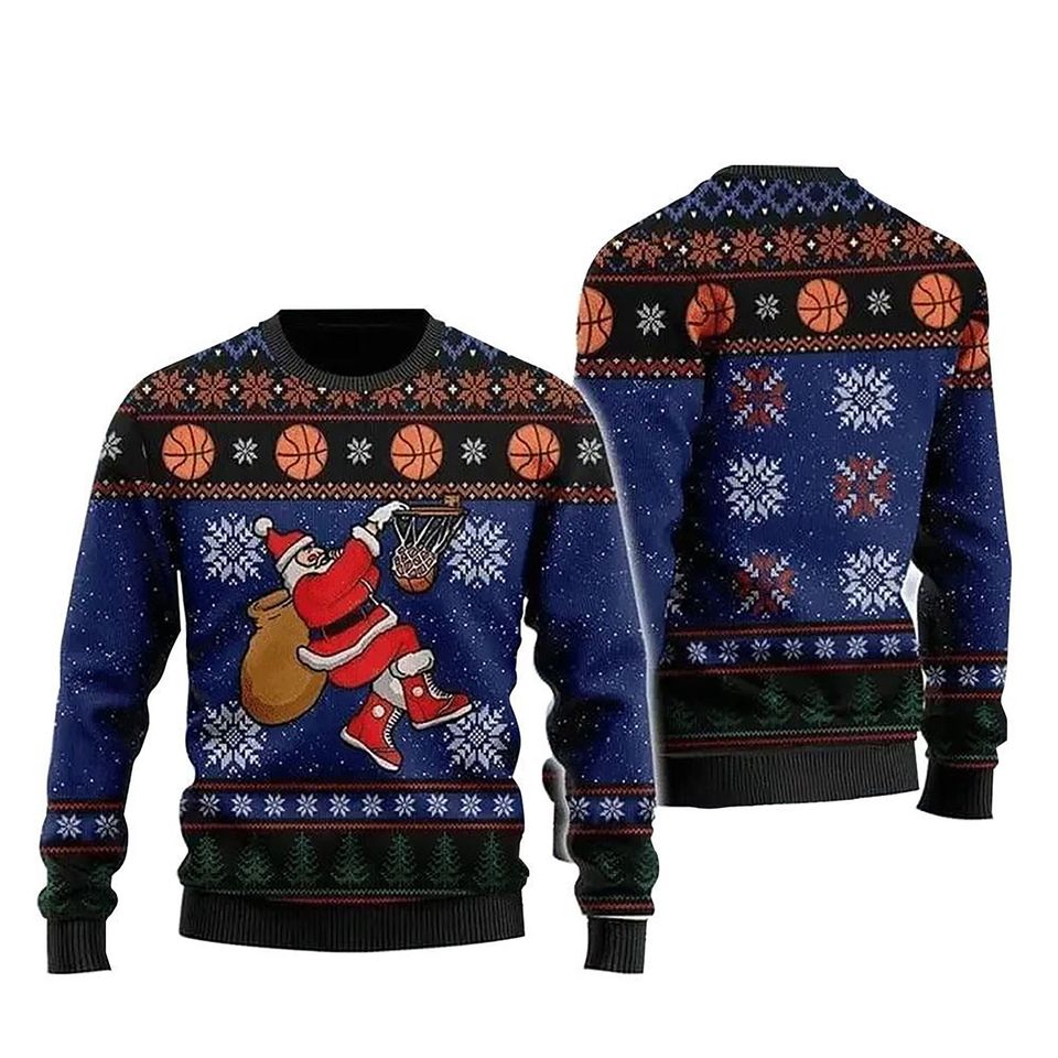 Basketball Santa Ugly 3D Christmas Zip Sweater