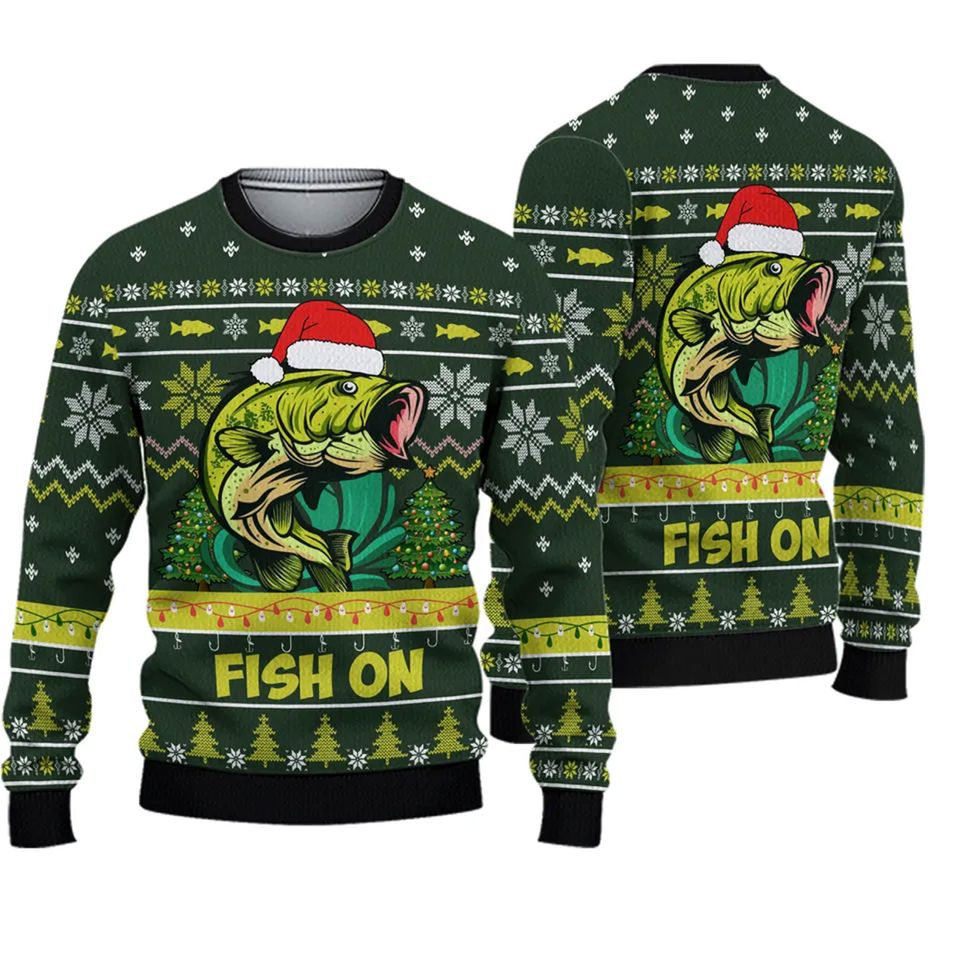 Bass Fishing Fish On Christmas Hat Knitted Ugly 3D Sweater