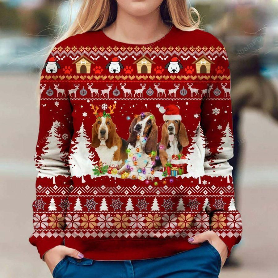 Basset Hound Dog Ugly Christmas Sweater Adult 3D Funny Matching for family