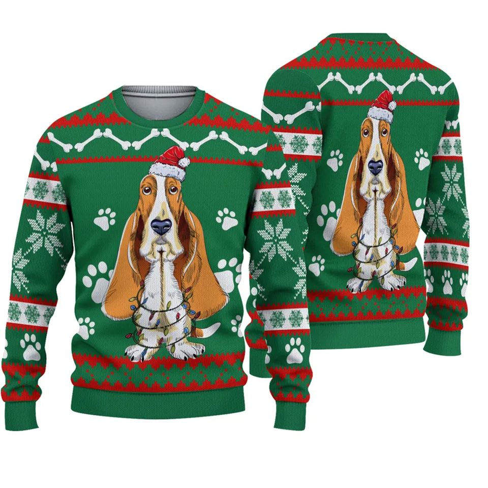 Basset Hound Green Ugly Christmas 3D Sweater