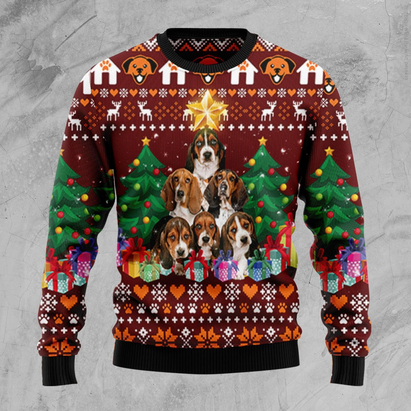 Basset Hound Pine Tree Ugly Christmas Sweater Adult 3D Funny Matching for family