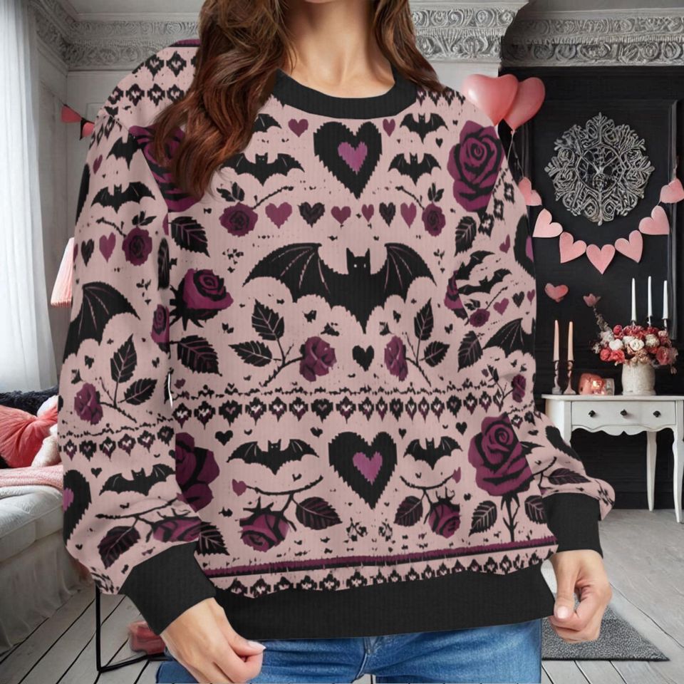 Bats Hearts and Roses Valentine's Day Ugly Sweatshirts, Spooky Gothic Valloween Ugly Sweatshirts - Image 2