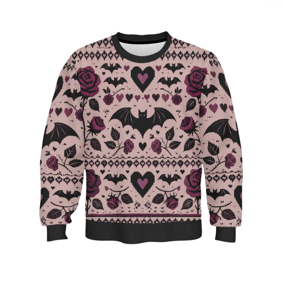 Bats Hearts and Roses Valentine's Day Ugly Sweatshirts, Spooky Gothic Valloween Ugly Sweatshirts - Image 4