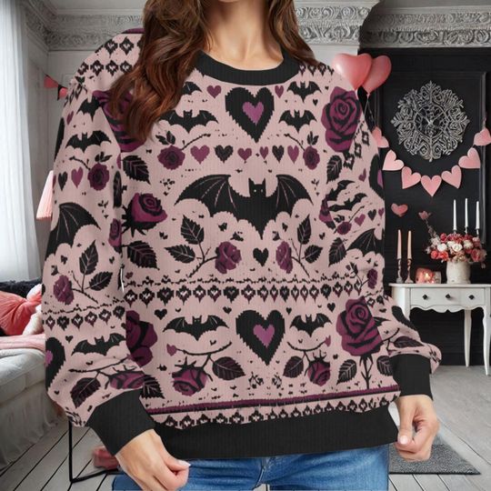 Bats Hearts and Roses Valentine's Day Ugly Sweatshirts, Spooky Gothic Valloween Ugly Sweatshirts - Image 9