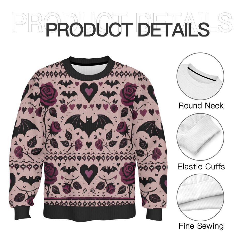 Bats Hearts and Roses Valentine's Day Ugly Sweatshirts, Spooky Gothic Valloween Ugly Sweatshirts - Image 6