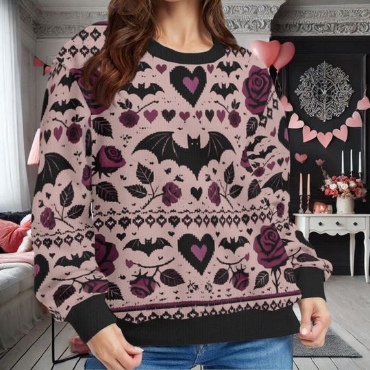 Bats Hearts and Roses Valentine's Day Ugly Sweatshirts, Spooky Gothic Valloween Ugly Sweatshirts - Image 10