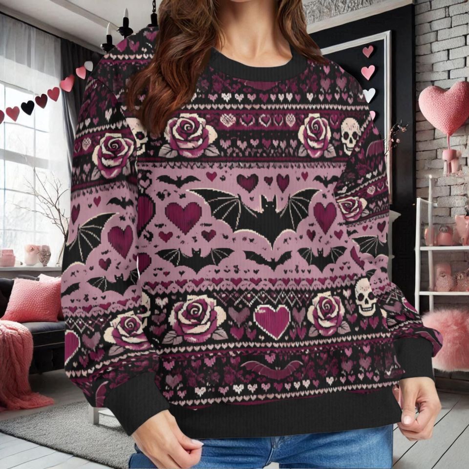 Bats Skulls Hearts and Roses Valentine's Day Ugly Sweatshirts