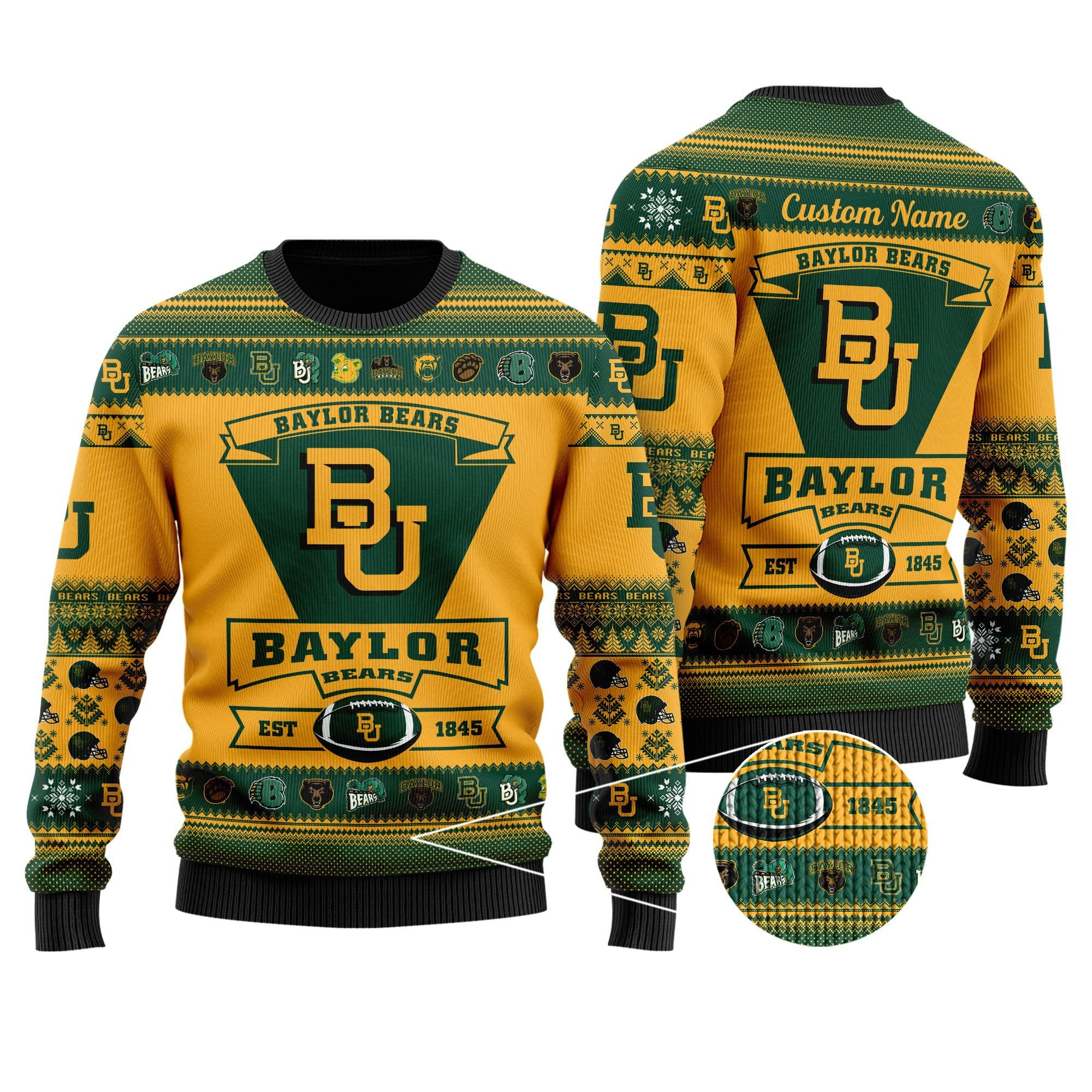 Baylor Bears Football Team Logo Custom Name Personalized Ugly Christmas Sweater Adult 3D Funny Matching for family