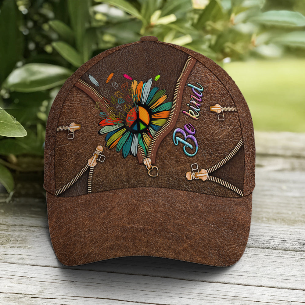 Be Kind Hippie Sunflower Leather Style Baseball Cap Trucker Hats Custom Hats Gifts For Men & Women