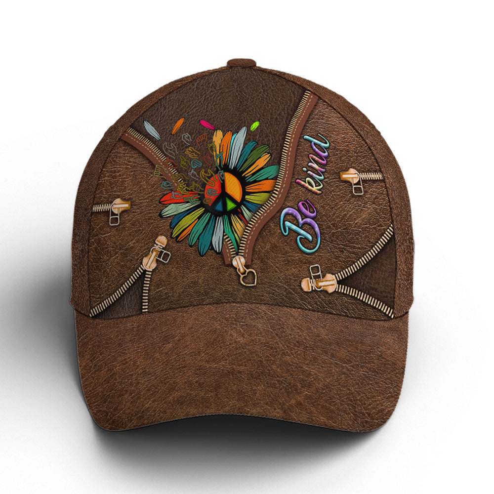 Be Kind Hippie Sunflower Leather Style Baseball Cap Trucker Hats Custom Hats Gifts For Men & Women