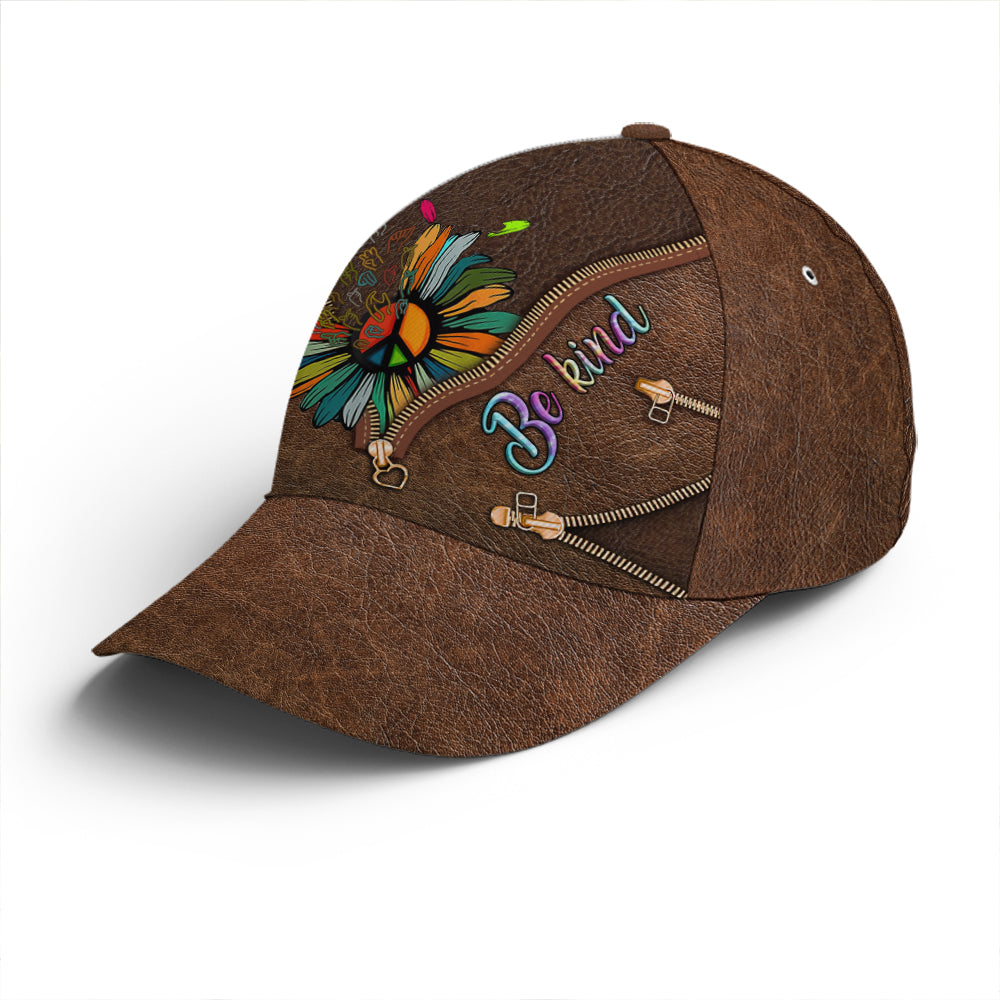 Be Kind Hippie Sunflower Leather Style Baseball Cap Trucker Hats Custom Hats Gifts For Men & Women