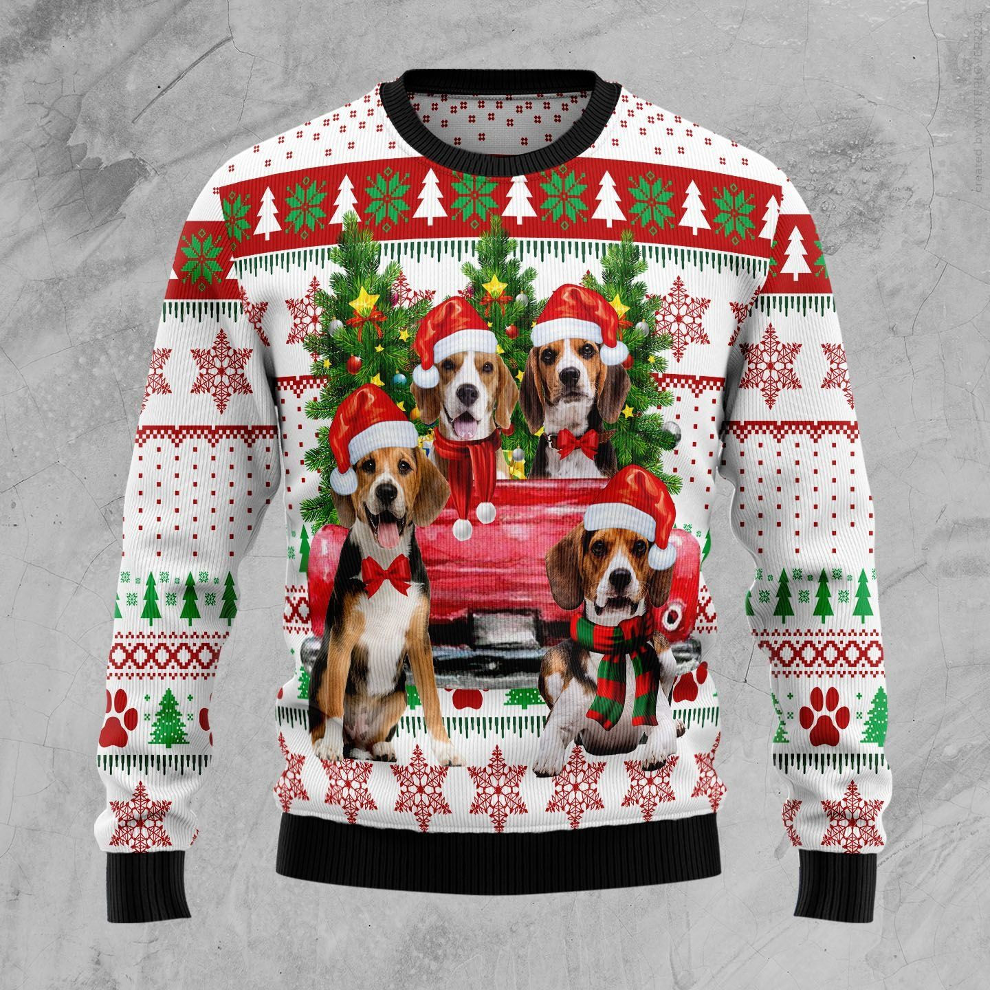 Beagle Red Truck Ugly Christmas Sweater Adult 3D Funny Matching for family