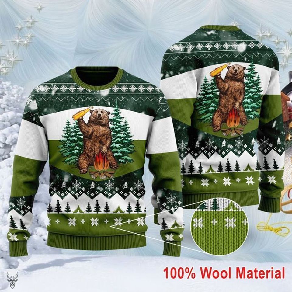 Bear Beer Campfire Christmas Unisex Woolen 3D Sweater