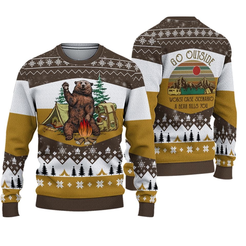Bear Beer Campfire Ugly Christmas Sweater