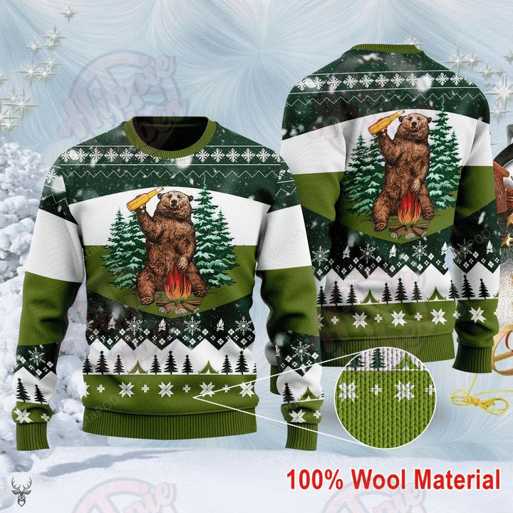Bear Beer Campfire Ugly Christmas Sweater Adult 3D Funny Matching for family