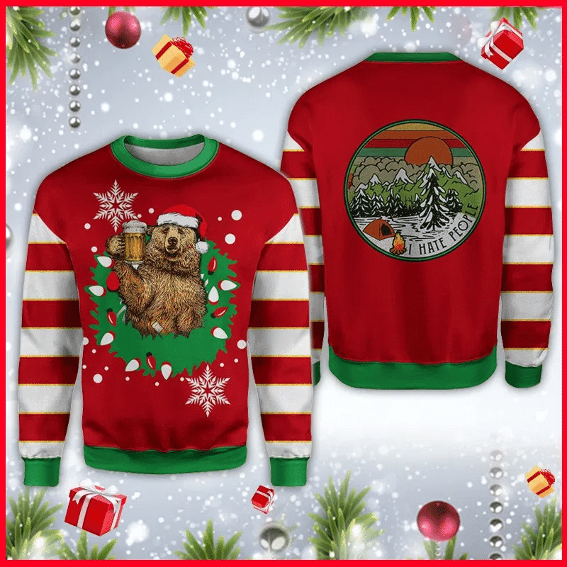 Bear Beer I Hate People Camping Ugly Christmas Sweater Adult 3D Funny Matching for family