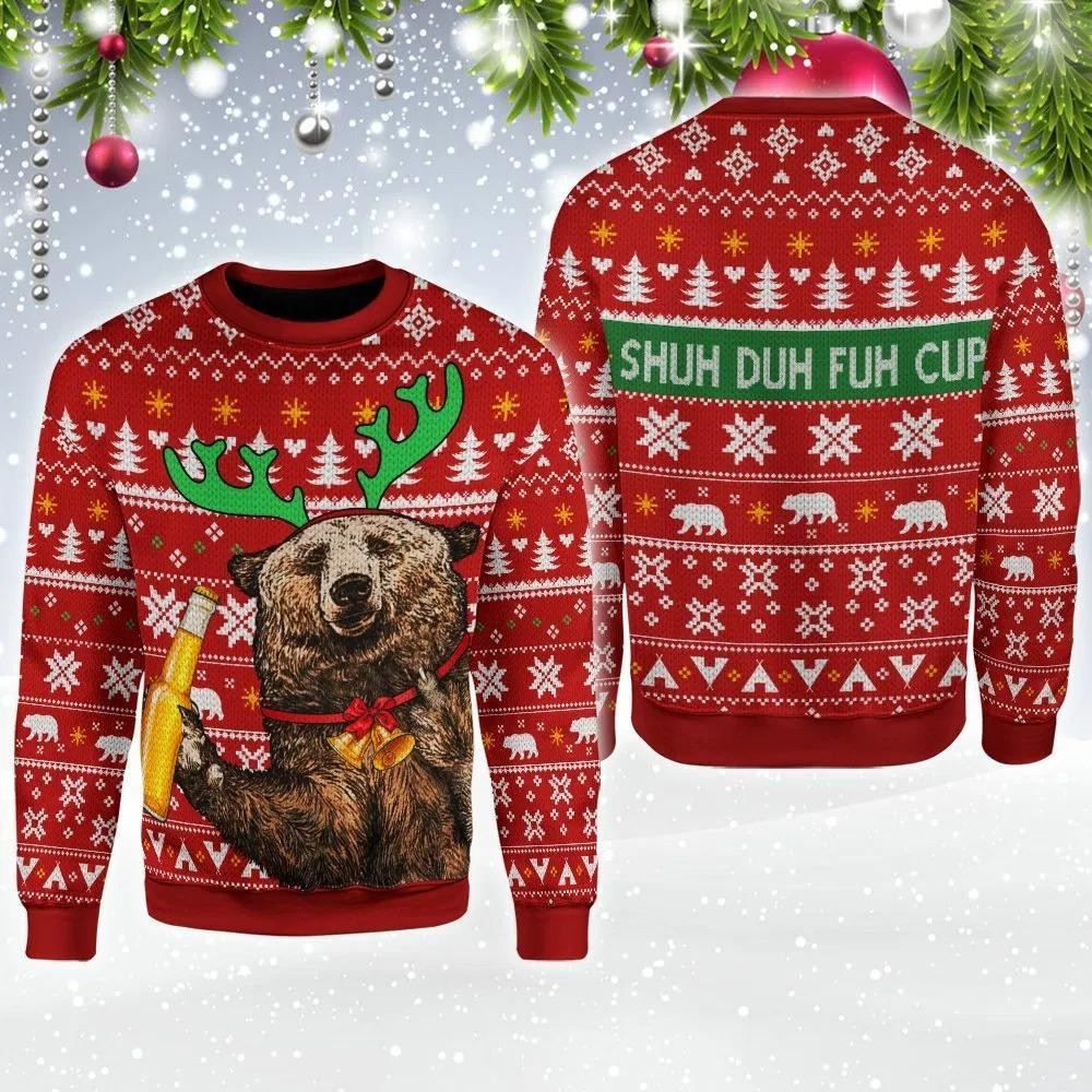Bear Beer Shud Duh Fuh Cup Ugly Christmas Sweater Adult 3D Funny Matching for family