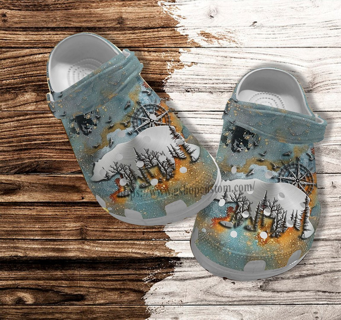 Bear Camping Compass Vintage Croc Shoes Gift Grandpa Father Day 2022- Camping Bear Shoes Croc Clogs Gift Men Women
