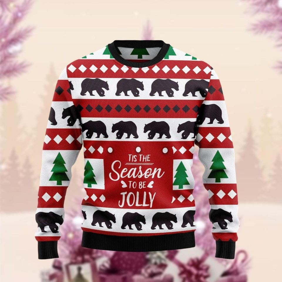 Bear Christmas Ugly Sweater, Beary Tis The Season To Be Jolly Xmas Ugly Sweatshirt - Image 3