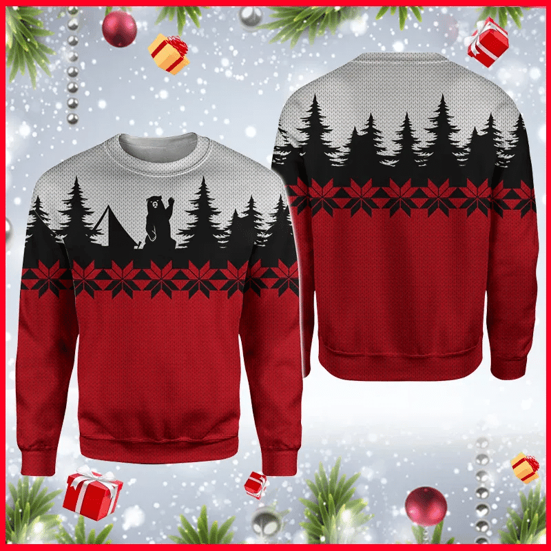 Bear Dark Silhouettes Camping Ugly Christmas Sweater Adult 3D Funny Matching for family