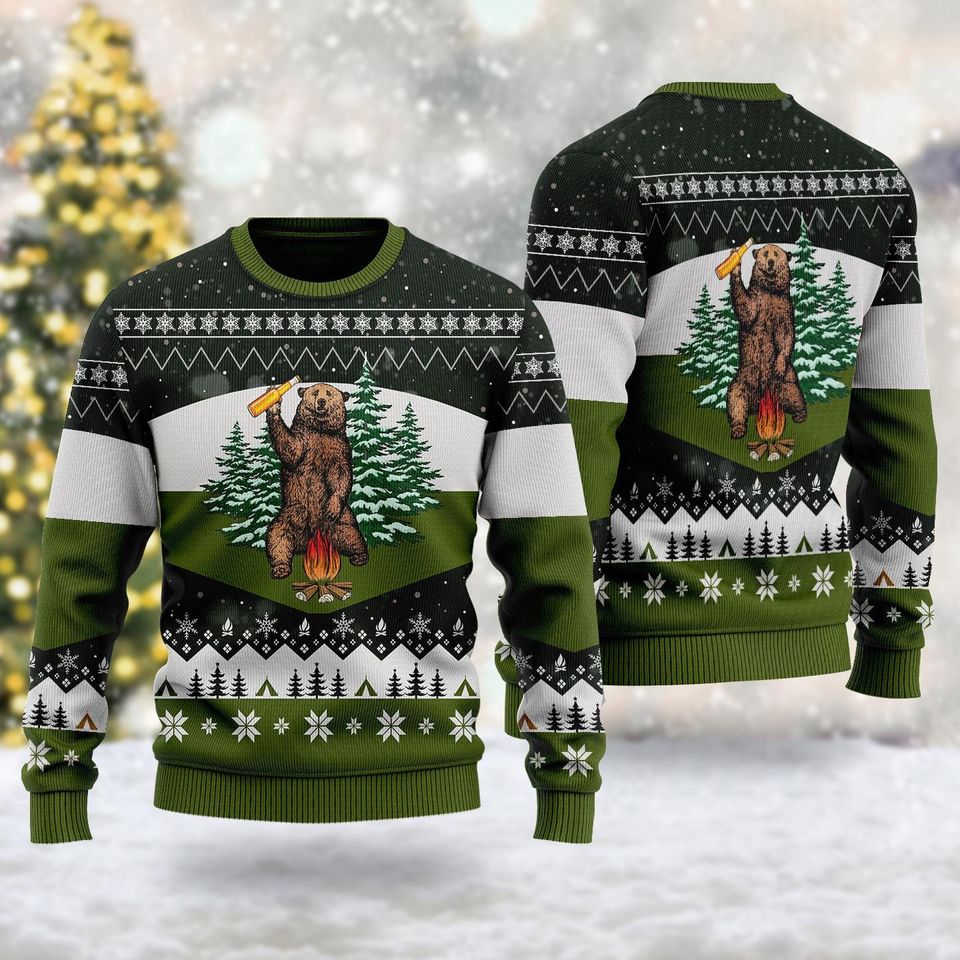Bear Drinking Beer Campfire Ugly Sweatshirts, Christmas Gift For Men Women Kid - Image 2