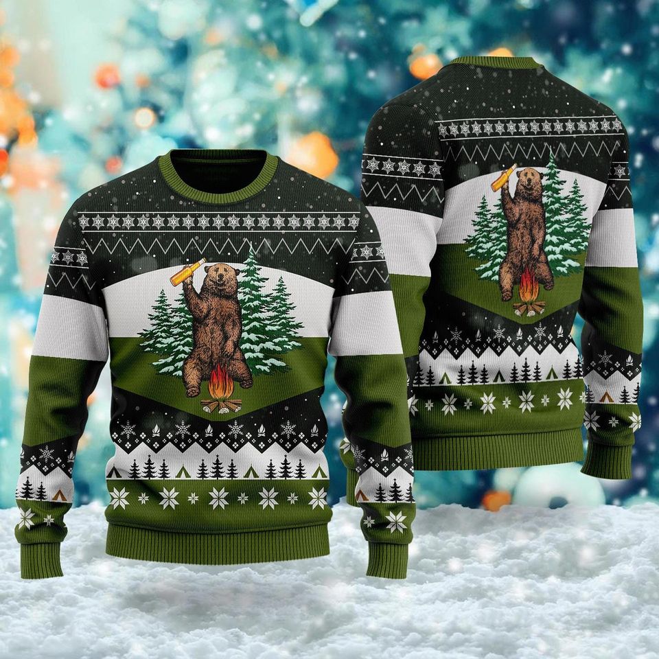 Bear Drinking Beer Campfire Ugly Sweatshirts, Christmas Gift For Men Women Kid - Image 3